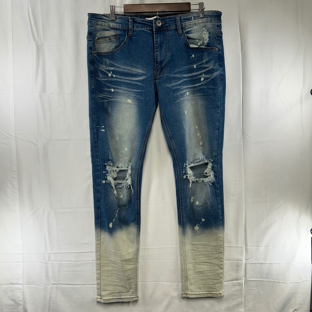 KDNK Skinny Jeans Mens 36x32 Dark Blue Distressed Paint Splatter Dip Dye KND4431